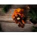 Pumpkin Spice potpourri spilling from an orange sachet on a rustic wood table, surrounded by evergreen sprigs for a festive, holiday touch.